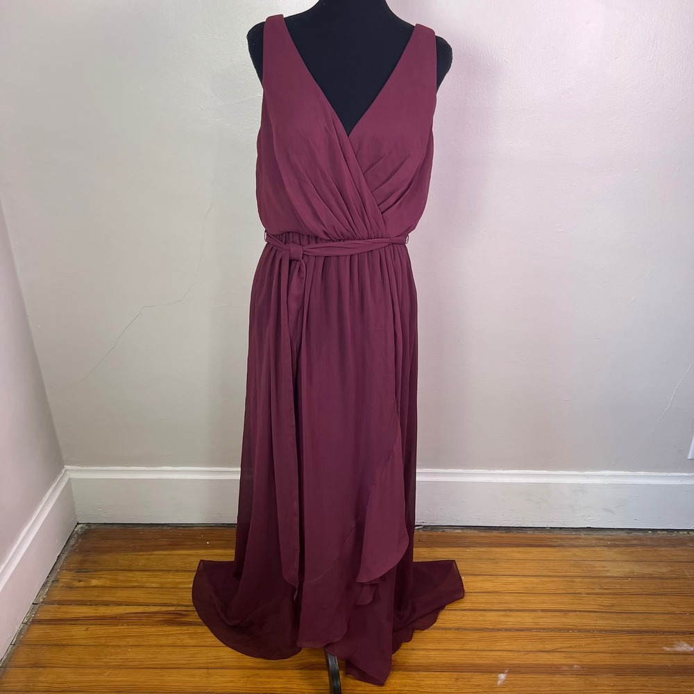 David's Bridal Faux Wrap Chiffon Maxi Dress 12 Wine Red Wedding Bridal Flowy